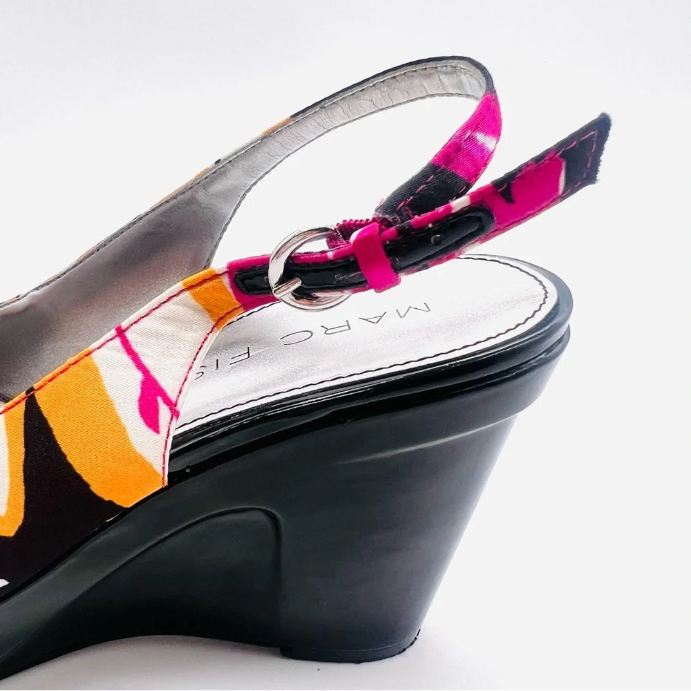 MARC FISHER Platform Peep Toe Wedges Sandals Shoes Multi Color Black Pat…